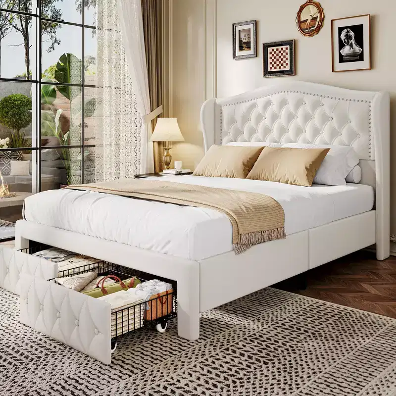 Queen Velvet Upholstered Platform Bed Frame with Storage Drawers - Beige / Gold / Gray