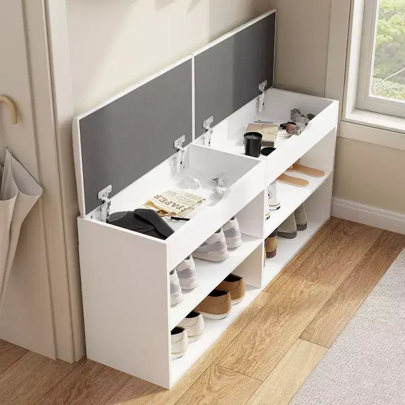 Famapy Wooden Shoe Cabinet with Cushions Open Shelves White