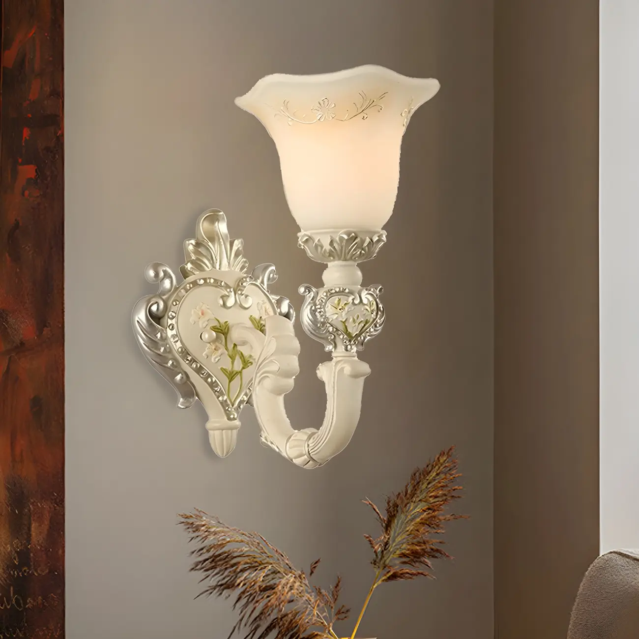 Vintage White Floral Glass Shade Classic Wall Sconce