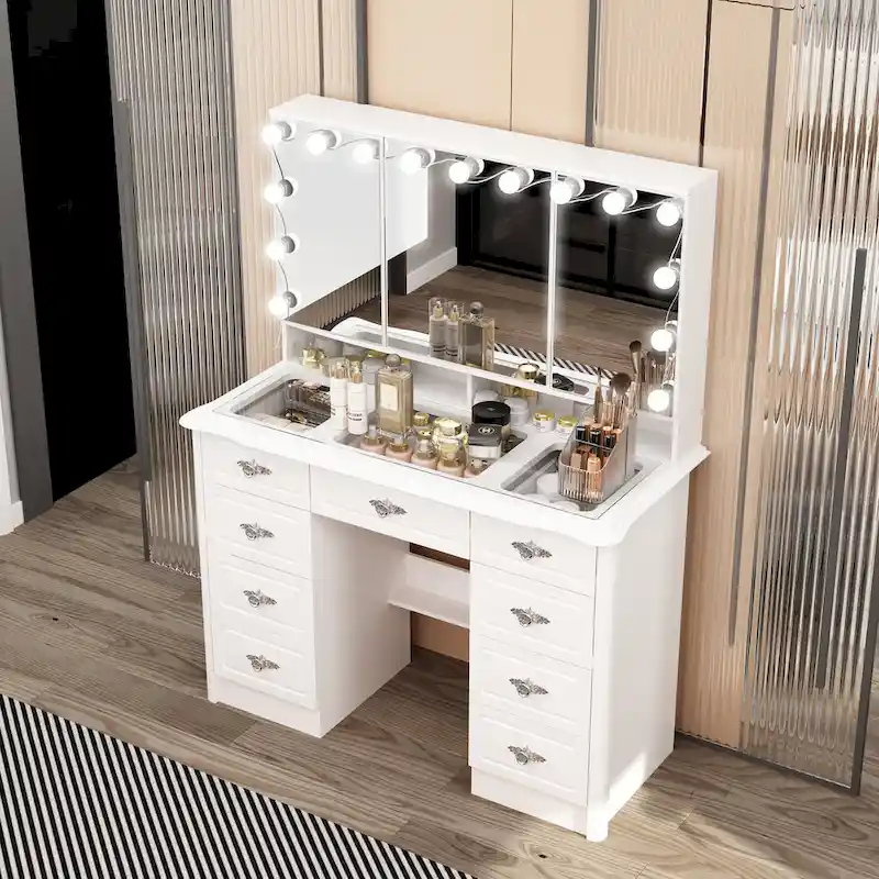 Makeup Vanity with Tri-Fold Mirror, White, Adjustable LED Lighting, Seats 1