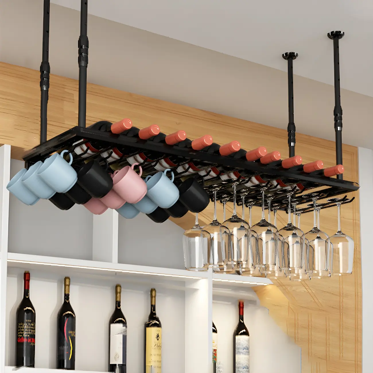Industrial Metal Hanging Wine Rack with Glass Holder