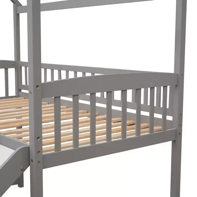 Twin House Loft Bed with Slide, Wood Playhouse Loft Bed Frame with Ladder and Roof