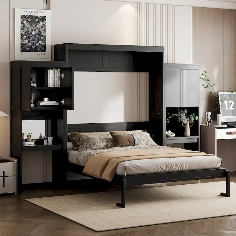 Queen Size Murphy Bed with Desk, Vanity and Cabinets, Espresso