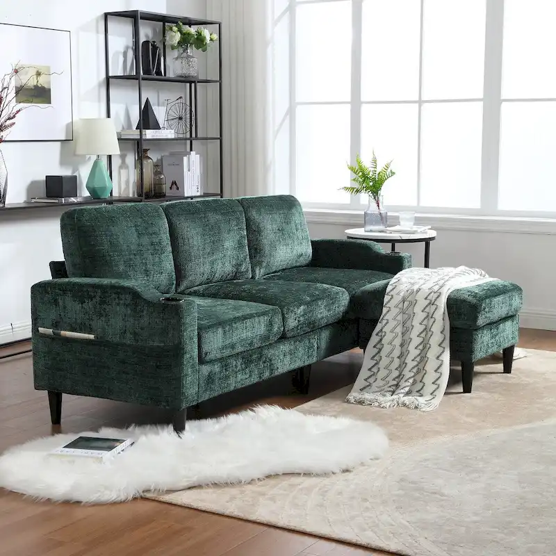 HOMEFUN Chenille Upholstered L-Shaped Living Room Sofa with Storage Ottoman