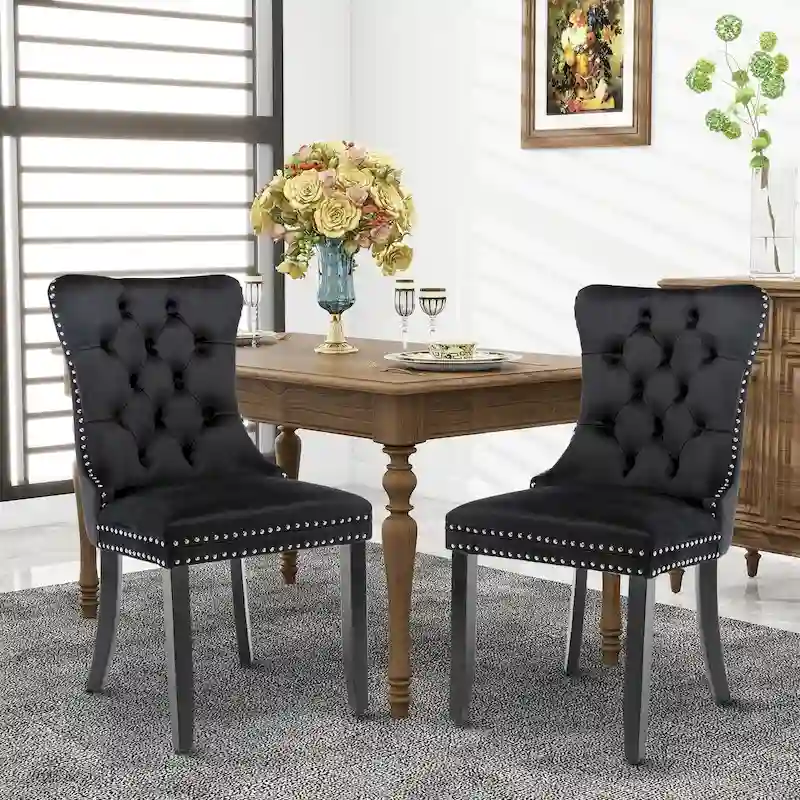 Set of 2 Velvet Dining Chairs,Tufted Solid Wood Armless Chairs Accent Chair with Nailhead Trim and Back Ring Pull - N/A