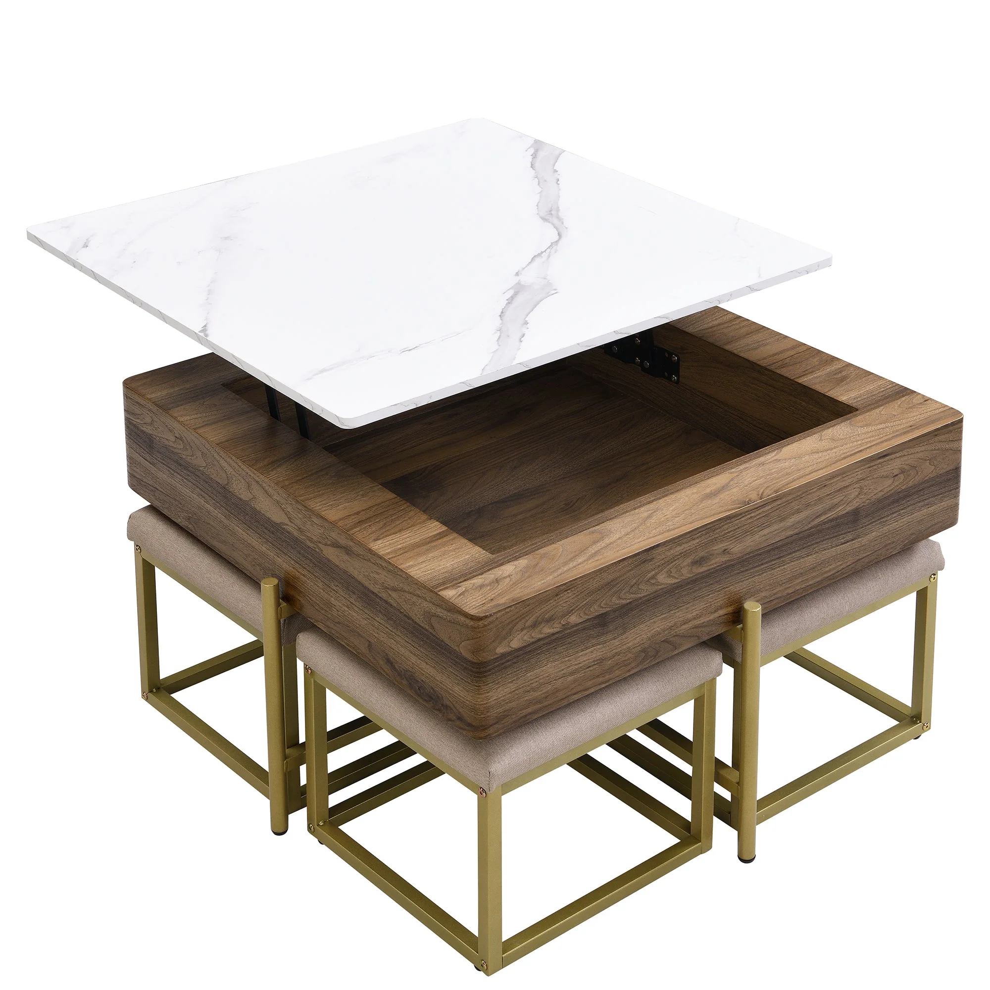 Walker Edison | Modern Square Lift-Top Coffee Table Set with 4 Ottomans