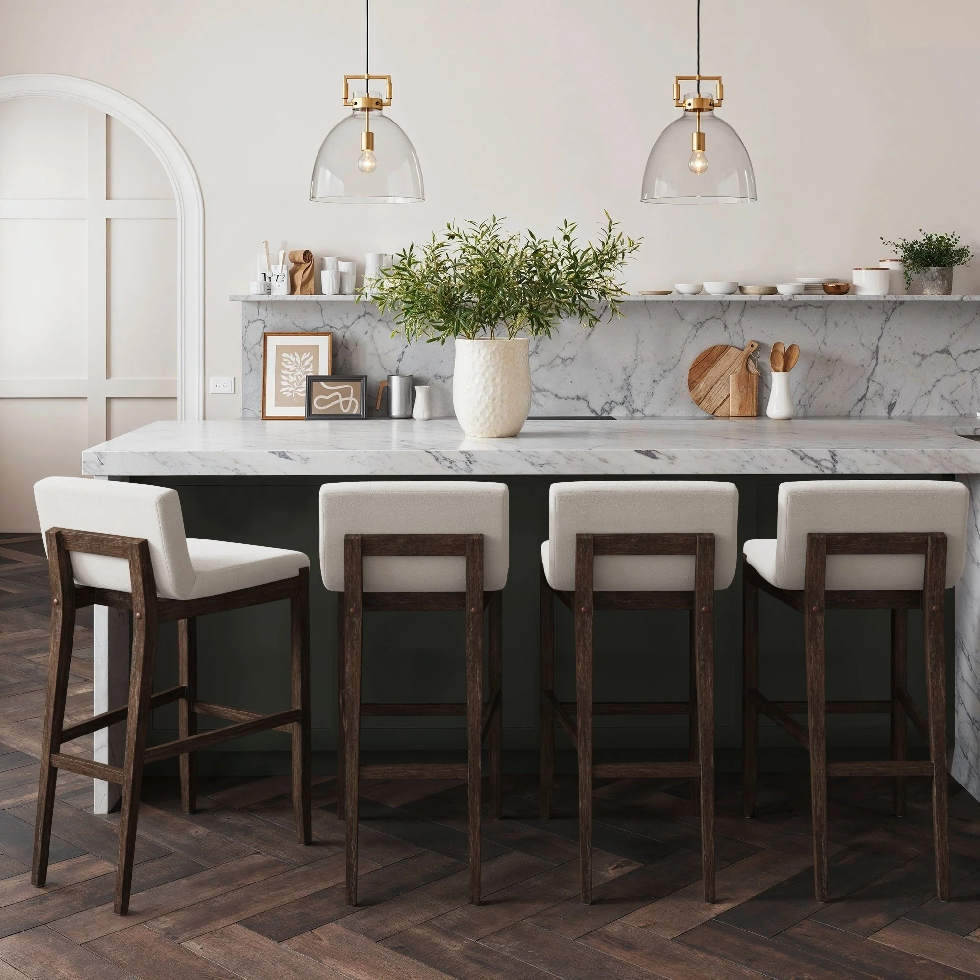 Gracie Modern Bar Stool, Boucle Upholstered Chair and Brushed Wooden Legs