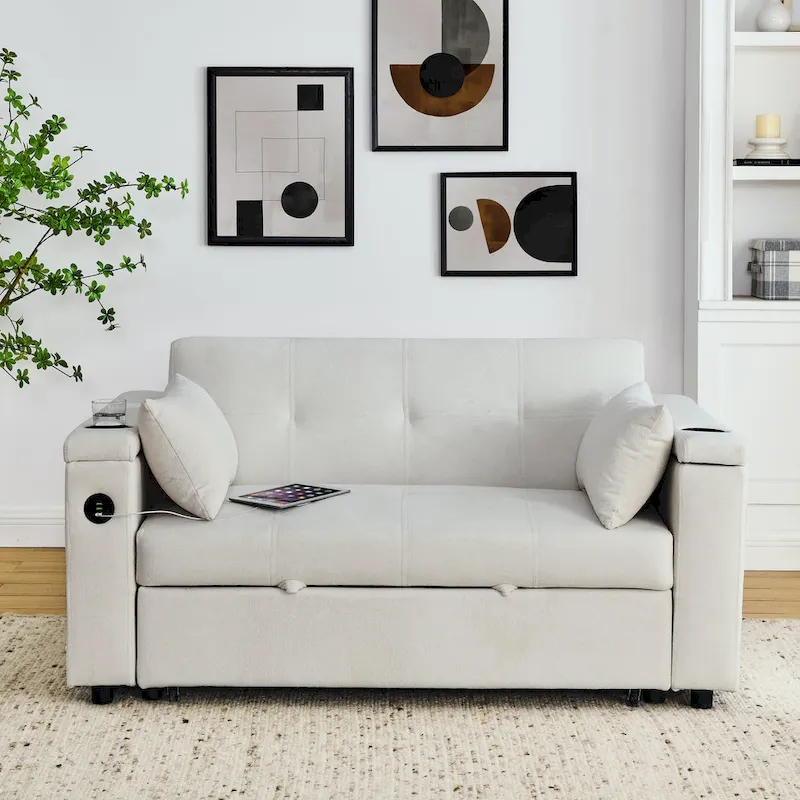 2-Seat Sleeper Sofa Bed with USB Power Outlet, Side Pockets and Lumbar Pillow