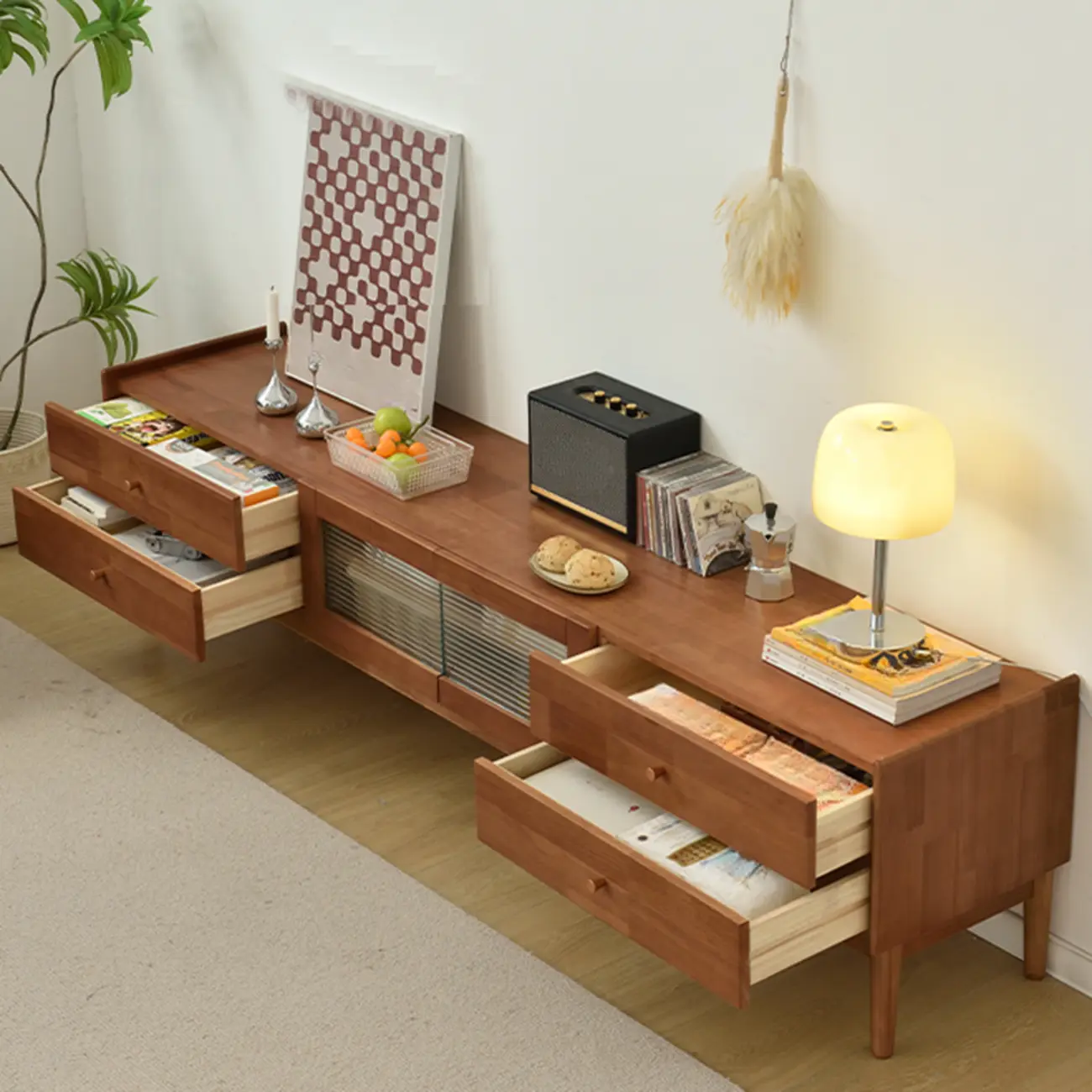 71 Rectangle Cherry Wood TV Stand with Cabinet & Drawers