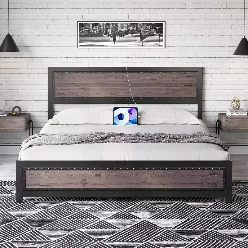 Gray Queen Platform Bed Frame with Headboard & Under-Bed Storage, 2-Person