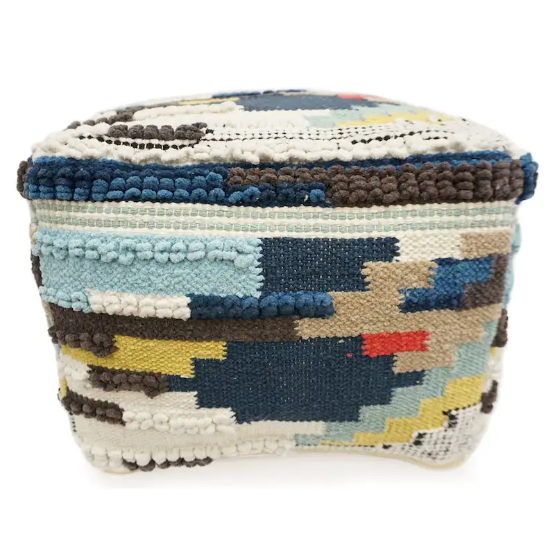 Wool Cotton Cube Pouf Ottoman, Handcrafted Footrest Accent Seat for Living Room