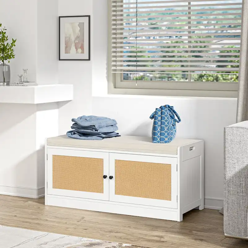 Anmytek White Shoe Storage Bench for Entryway with Cushion and Adjustable Shelves - 39.8 W x 15.7 D x 18 H