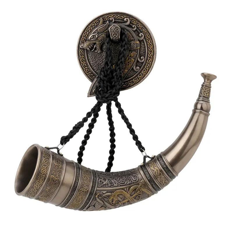 Veronese Design 18.11  L SIGUR SLAYING FAFNIR VIKING HORN WITH DRAGON WALL MOUNT Cold Cast Bronze