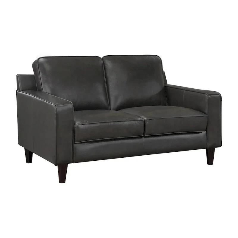 60 Inch Loveseat, Gray Top Grain and Faux Leather, Solid Wood