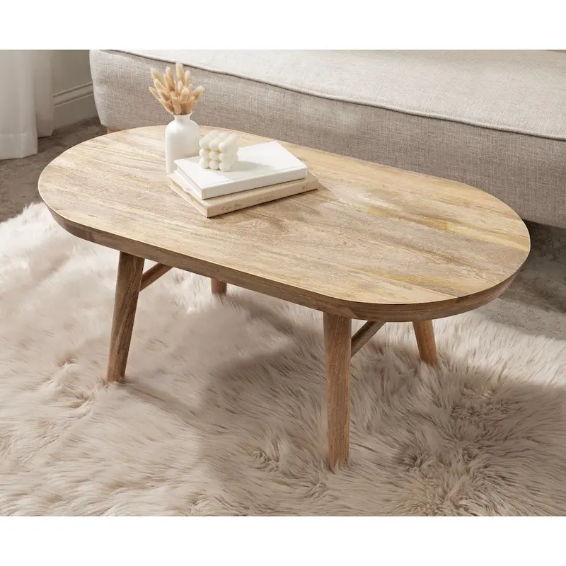 Oval Solid Wood Coffee Table, Natural, Mid-Century Style