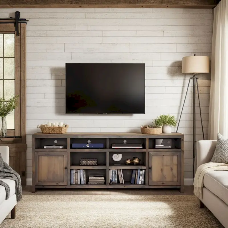 Bridgevine Home Joshua Creek 84 inch TV Stand Console for TVs up to 95 inches, No Assembly Required, Barnwood Finish