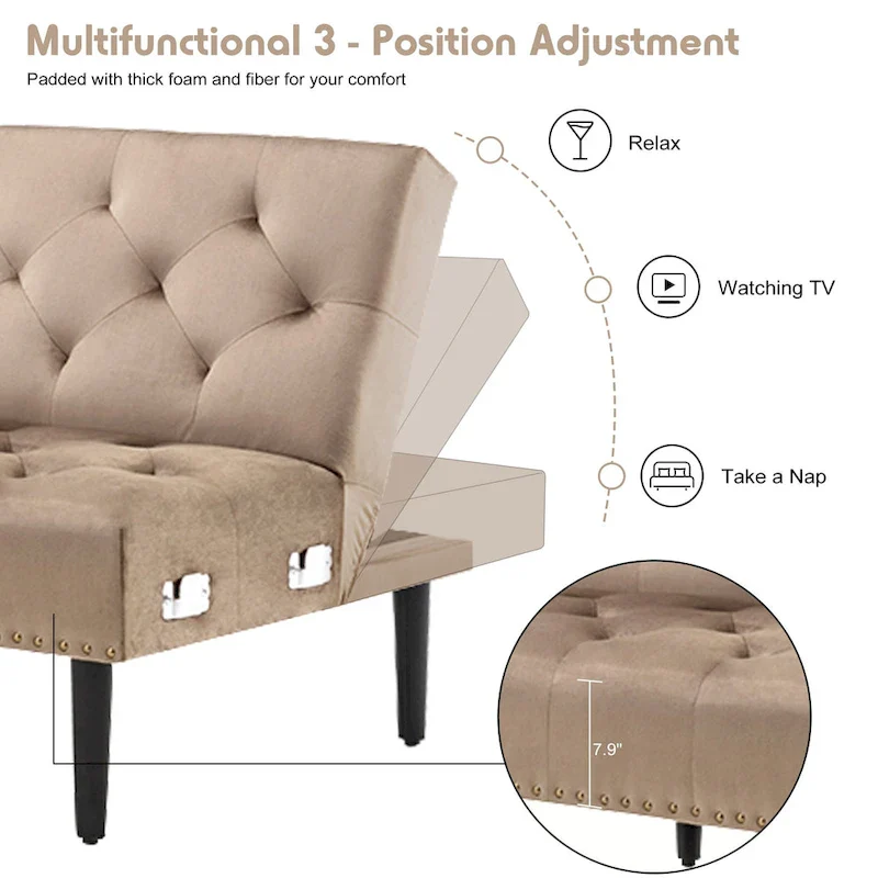 Convertible Velvet Sofa Couch, Sectional Sofa with Ottoman, Mid-Century Futon Sofa Bed - 32D x 100.7W x 29.9H