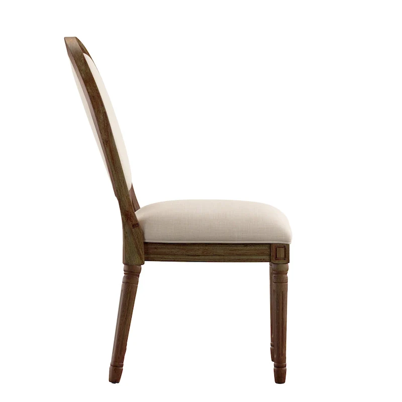 Round Linen and Wood Dining Chairs Set of 2, Artisan Style Upholstered Side Chairs