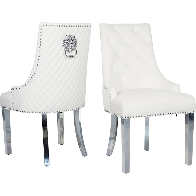 Velvet Dining Chairs Set of 2, Upholstered Tufted Nailhead Dining Room Chairs with Stainless Steel Legs & Lion Head Pull Ring