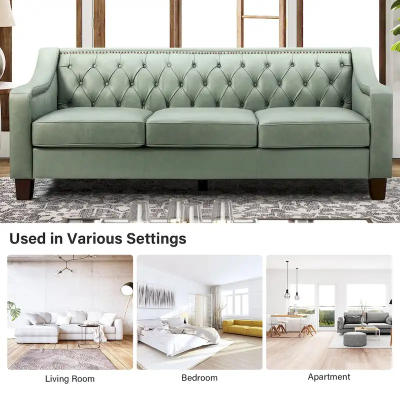 Mateo 82.28 Wide Transitional Genuine Leather Sofa with Nailhead Trim and Button-Tufted Back