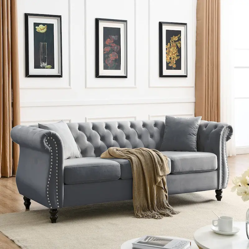 3-Seater Chesterfield Upholstered Tufted Sofa with Rolled Arms and Nailhead