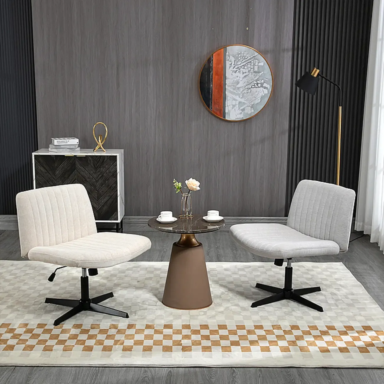 Low-Back White Upholstered Adjustable Swivel Office Chair