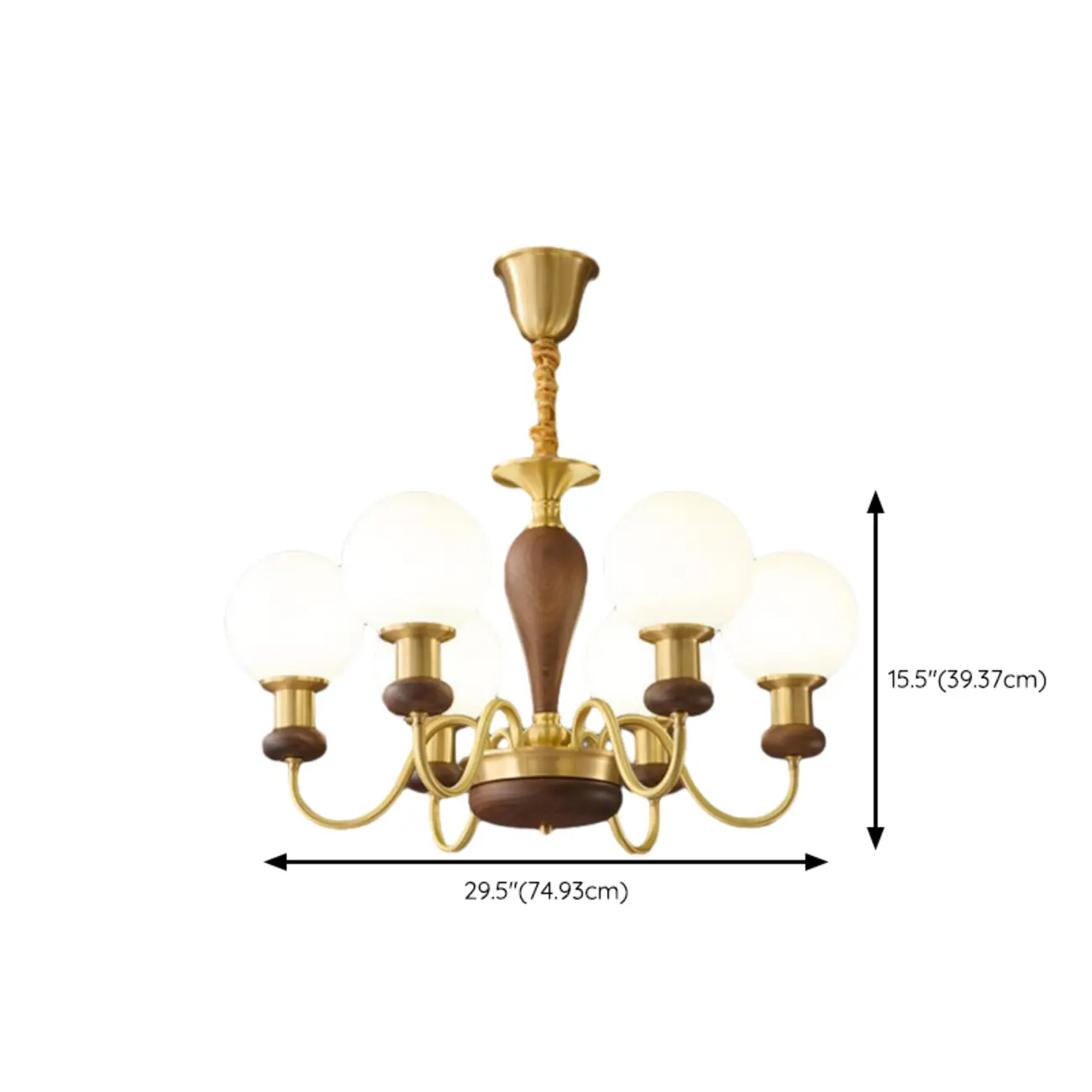 Mid-Century Brass Wood Chandelier with Globe Glass Shade