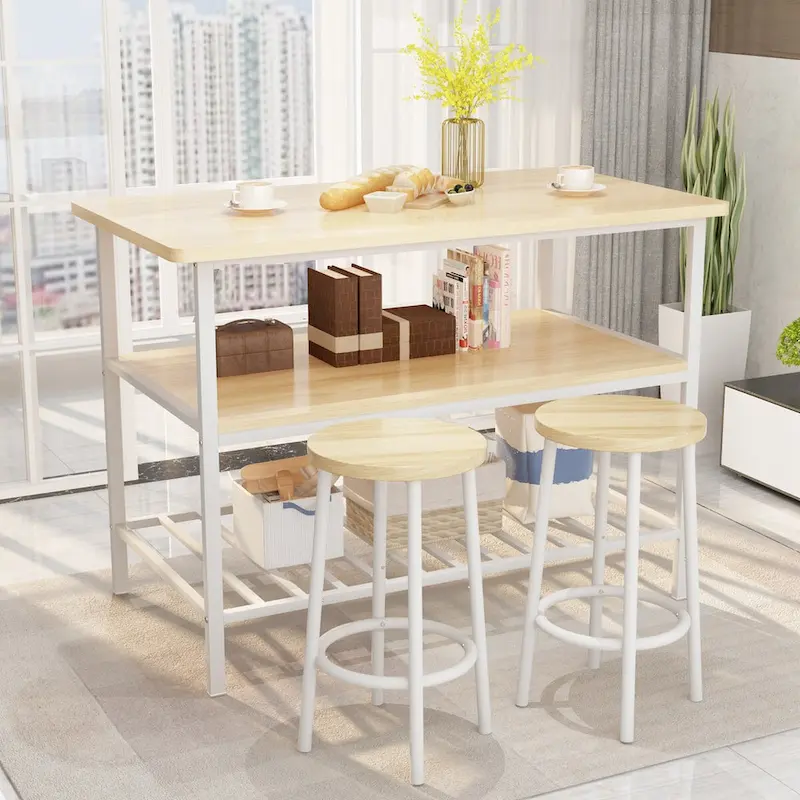 Mieres Kitchen Island with 2 Stools and Open Shelves