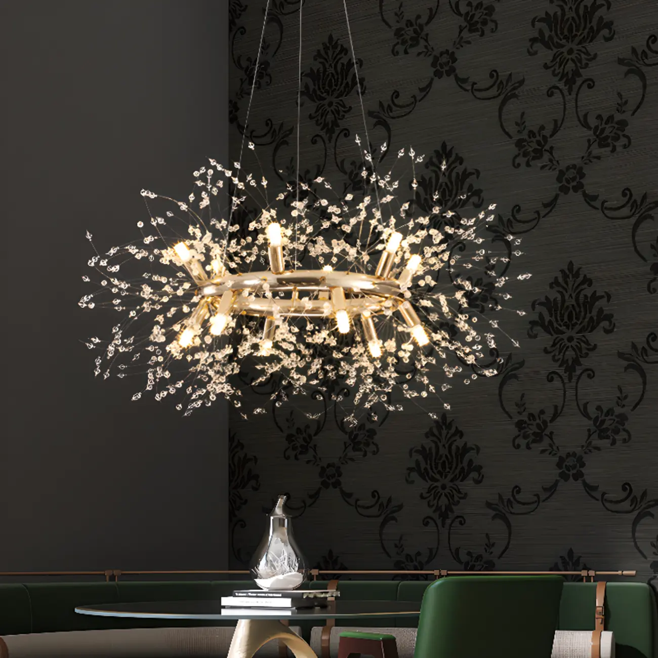 Modern Crystal Round Chandelier with Starburst Design