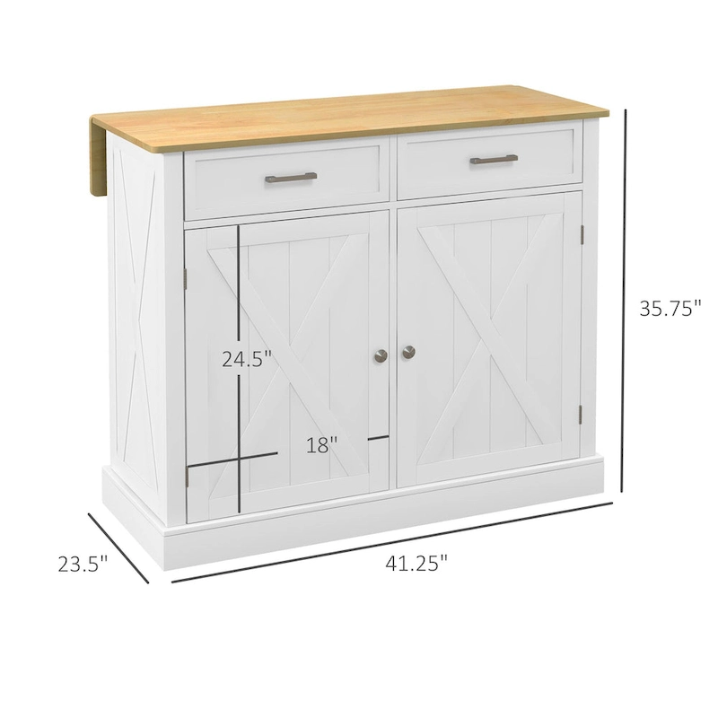 HOMCOM Rolling Kitchen Island with Drop Leaf Wood Breakfast Bar, Farmhouse Kitchen Cart with 2 Drawers, White
