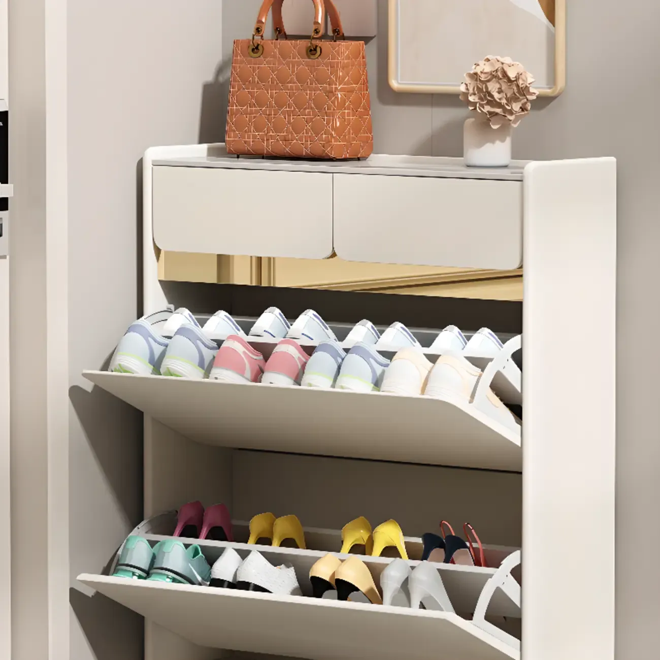 Entryway Glam White Wood Shoe Cabinet with Drawers