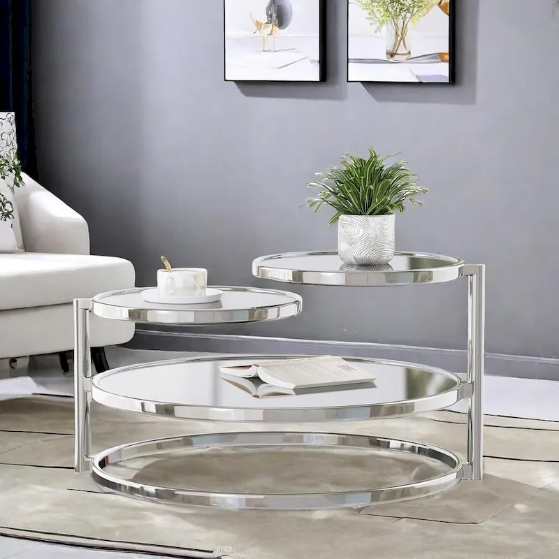 Round Tempered Glass Coffee Table with 3 Tiers 360 Degrees Rotating Top