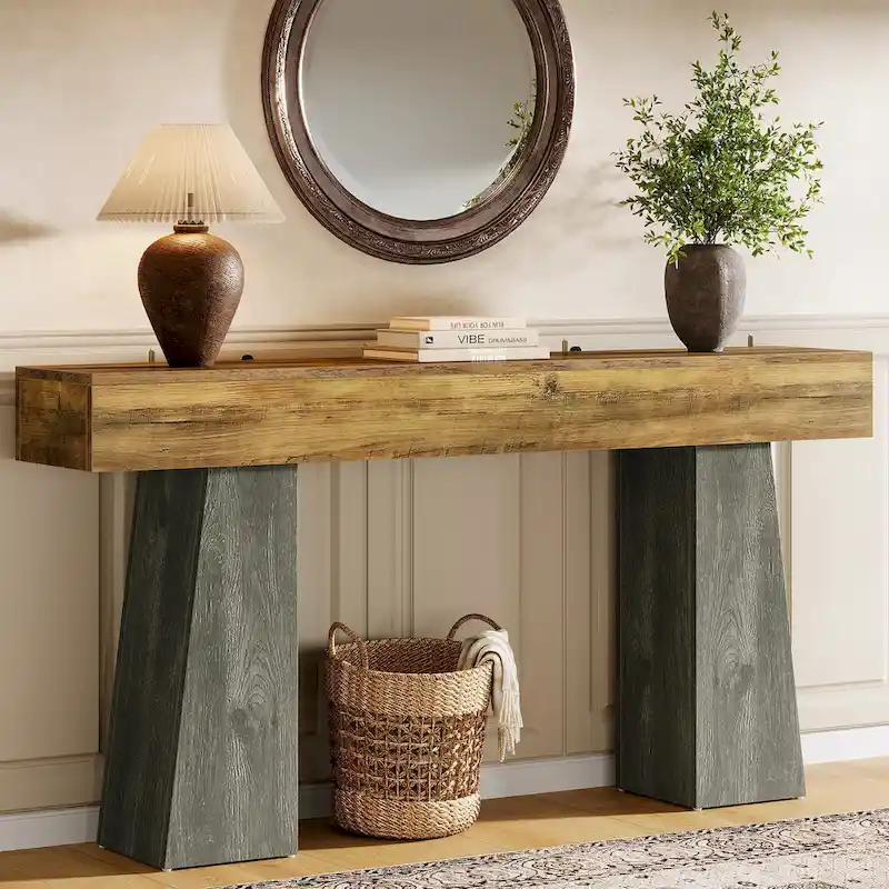 Farmhouse Entryway Table, 63-Inch Long Wooden Sofa Console Table
