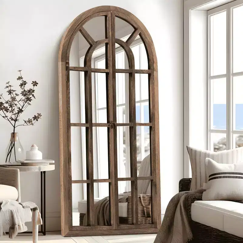 Full-Length Solid Wood Grid Arch Mirror 71x31in – Brown / White, 1-Person