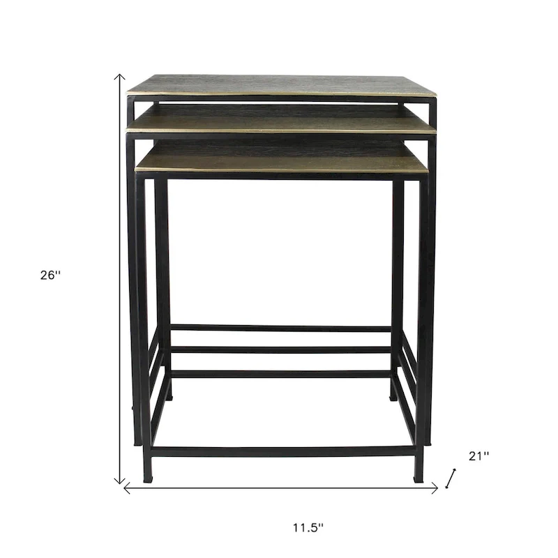 HomeRoots Set of Three Brass and Black Aluminum and Iron Frame Nested Tables - 11.5' X '26' X '21