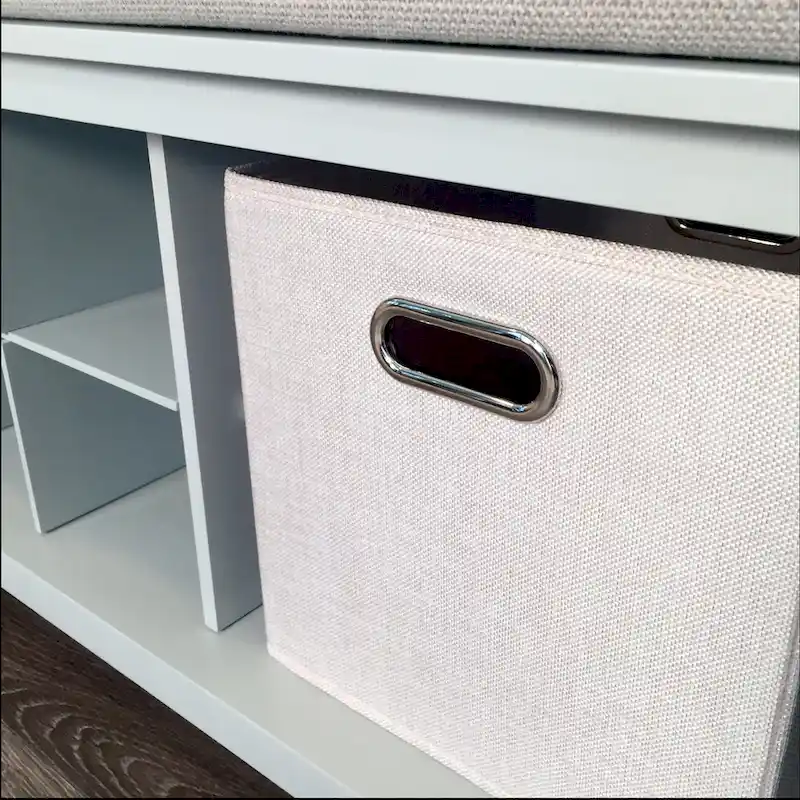 Grey Solid Wood Entryway Bench with 3 Cubbies, Shoe Divider, 2 Storage Bins & Cushion, 2-Person