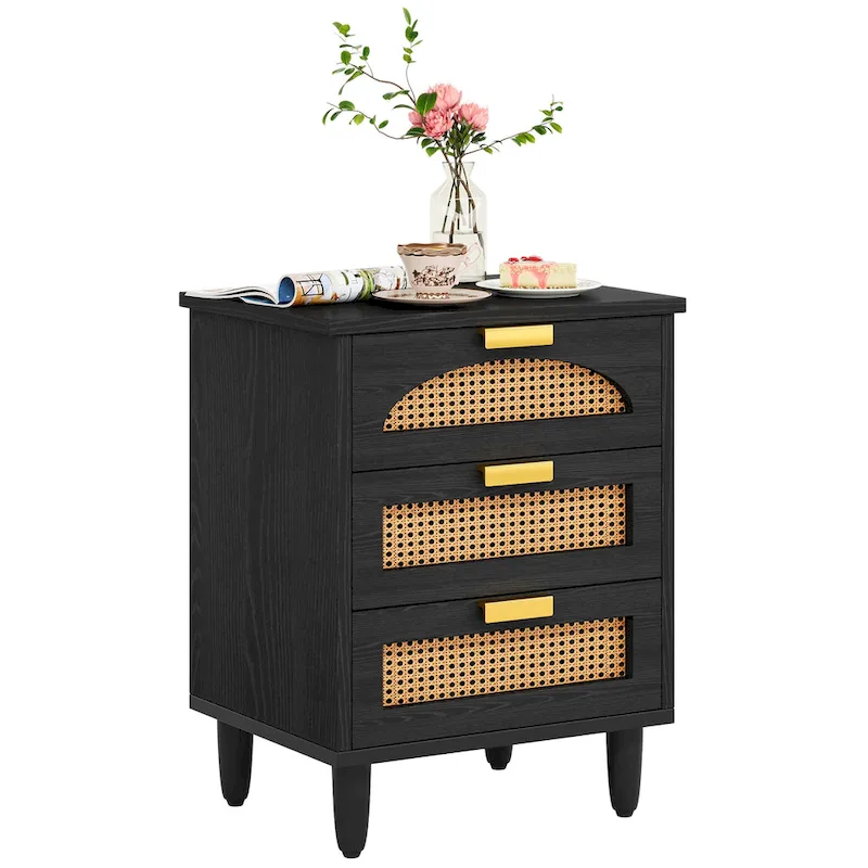Wood/ Rattan Nightstand Bedside Table with 3-drawer