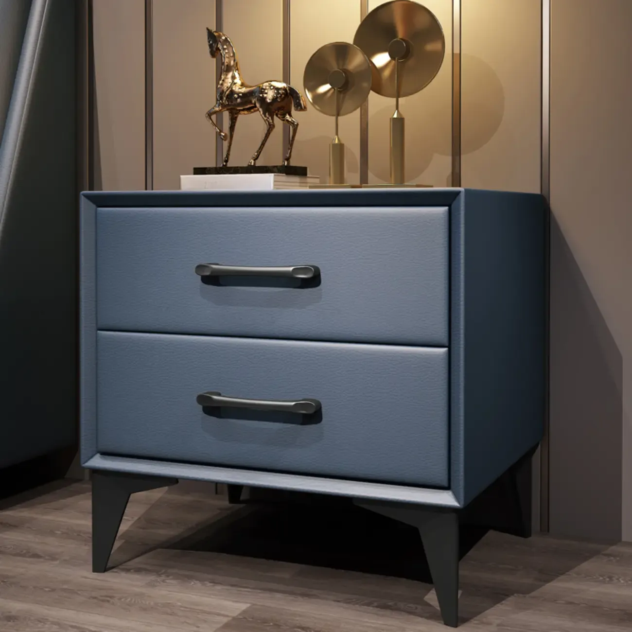 Trendy Leather Wooden 2-Drawer Nightstand with Metal Legs