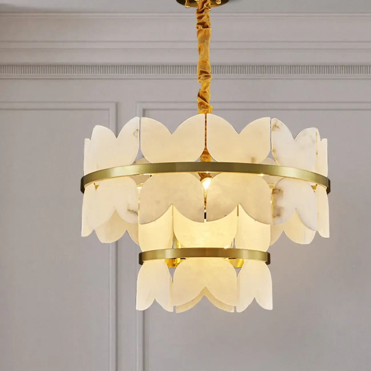 Luxurious Round Gold Tiered Alabaster Chandelier