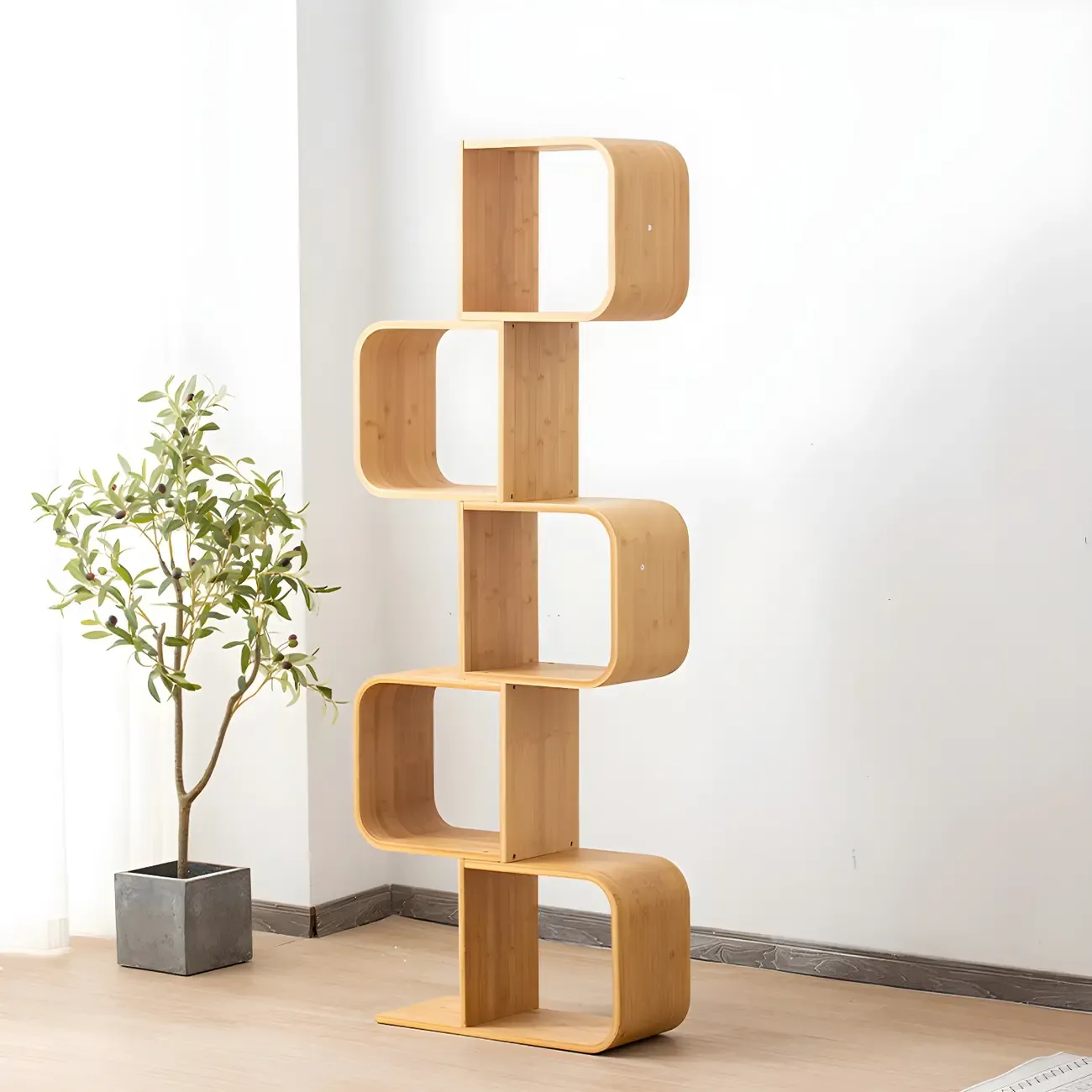 Geometric Natural Finish Bamboo Wood Vertical Bookcase