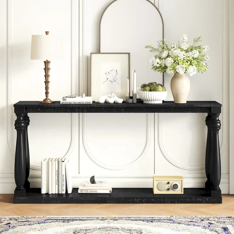 63 Long Entryway Console Table Sofa Table with Bottom Storage Shelf & Sculptural Vase-Leg for Hallway Living Room