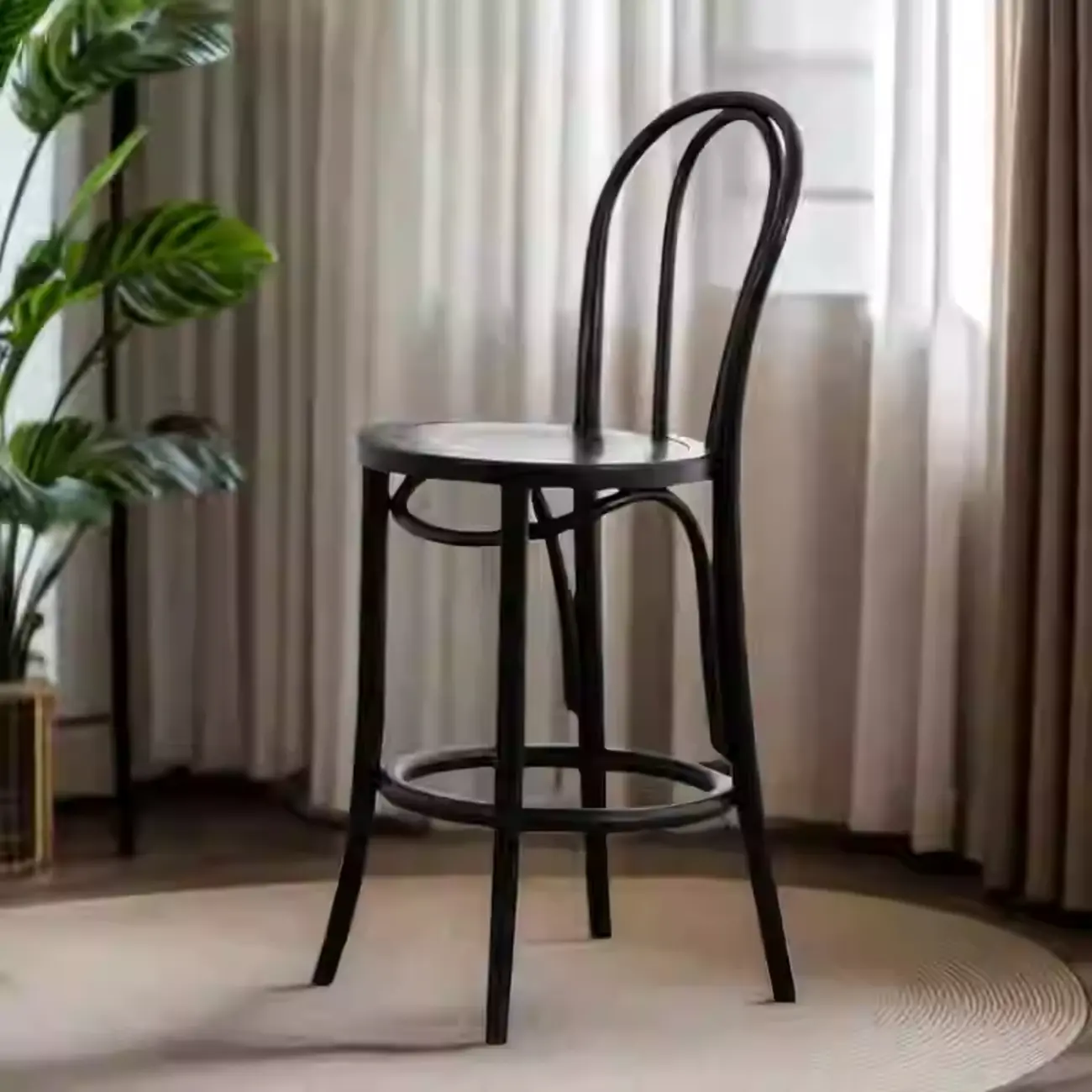 Walnut Beech Wood Leather Seat Bar Stools with Back