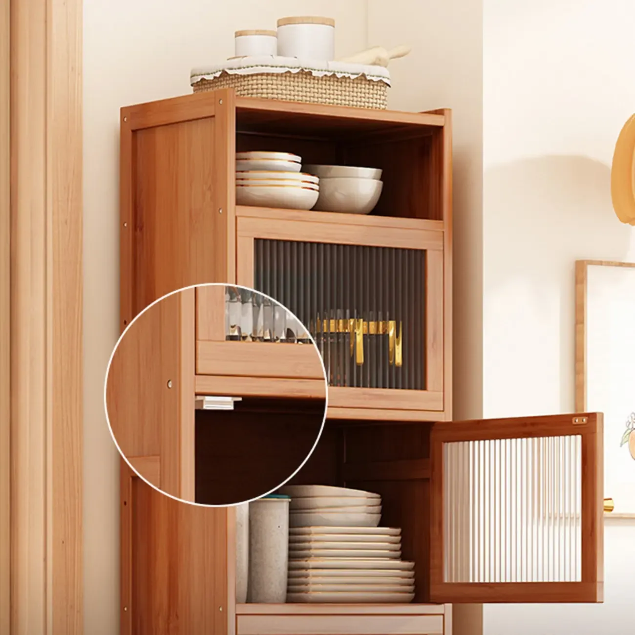 Modern Narrow Bamboo Buffet with Wooden Countertop