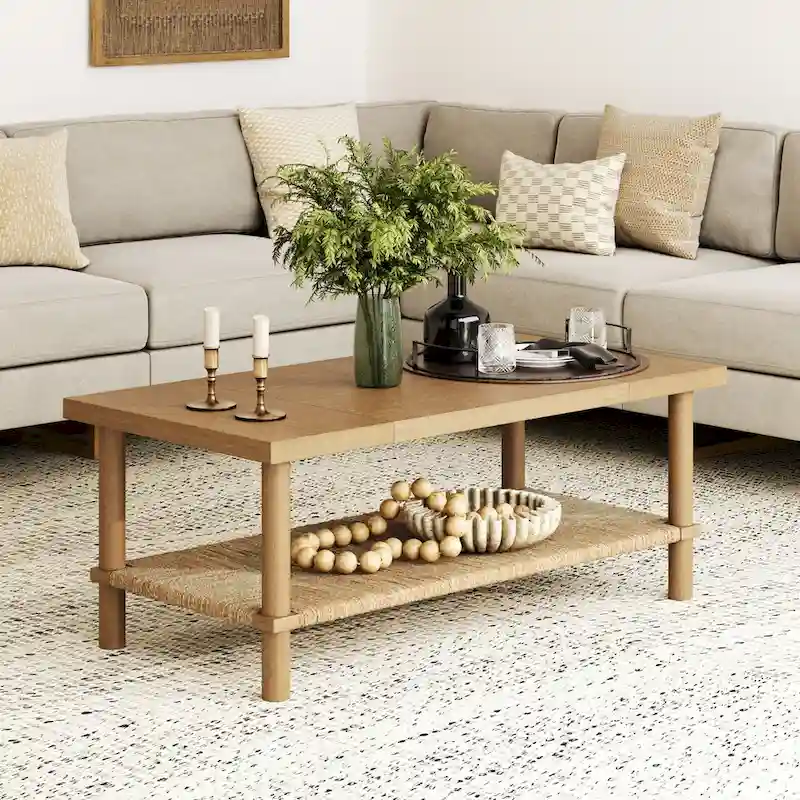 Beacon Bohemian Coffee Table with Storage, 2-Tier Rectangle Coffee Table with Solid Wood Legs and Seagrass Shelf