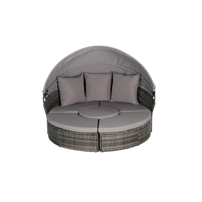 5-Piece Round Daybed Sunbed with Canopy & Removable Cushions