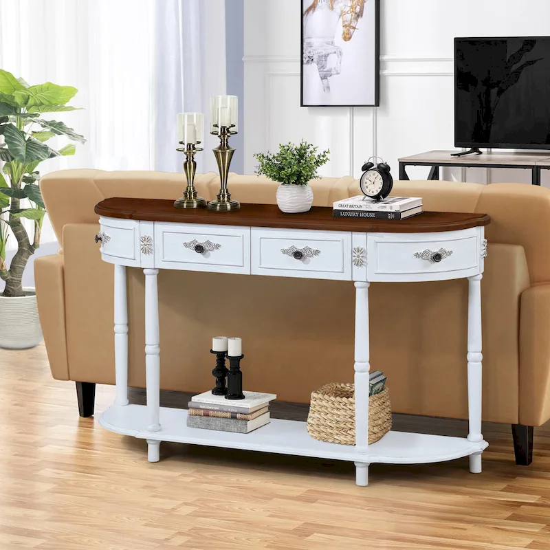 52 inch Circular Half Moon Sofa Table with Open Shelf and 2 Drawers