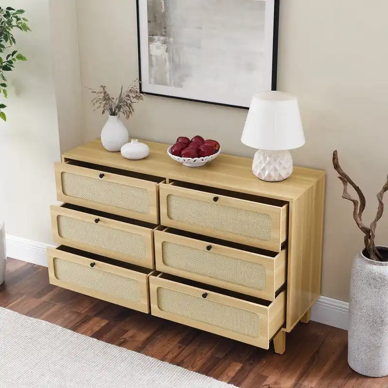 Mid-Century Modern Boho Style 6 Rattan Drawers Double Dresser with MDF Frame and Solid Wood Legs,