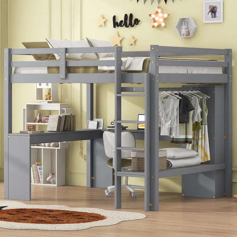 Solid Wood Loft Bed with L-shaped Desk and Storage Shelves