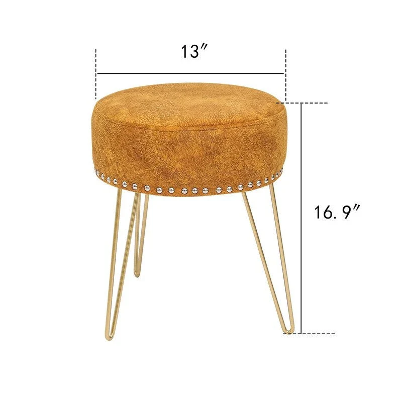 Adeco Round Footstool Ottoman Velvet Dressing Stool Gold Metal Legs