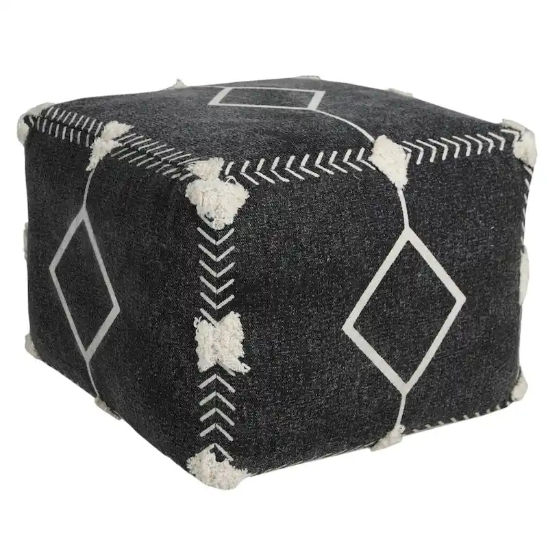 18  Black Cotton Geometric Pouf Ottoman for Living Room Seating and Footrest